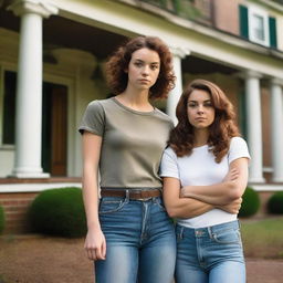 A 27-year-old tomboy with medium short chestnut curls, wearing jeans and a T-shirt, stands in front of an old southern mansion