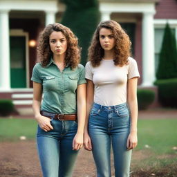 A 27-year-old tomboy with medium short chestnut curls, wearing jeans and a T-shirt, stands in front of an old southern mansion