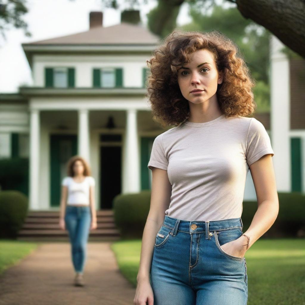 A 27-year-old tomboy with medium short chestnut curls, wearing jeans and a T-shirt, stands in front of an old southern mansion