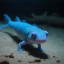 A blue axolotl at the bottom of the sea with ethereal underwater lighting.