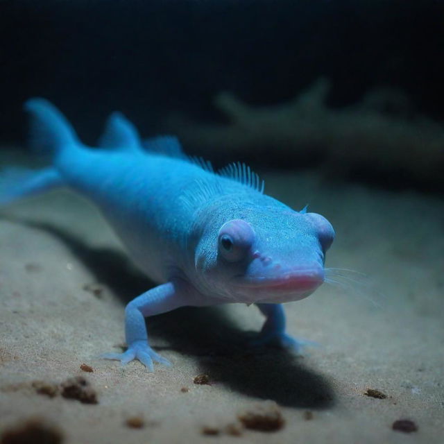 A blue axolotl at the bottom of the sea with ethereal underwater lighting.