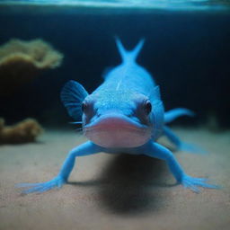 A blue axolotl at the bottom of the sea with ethereal underwater lighting.