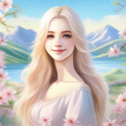 A beautiful blonde girl with flowing hair and sparkling brown eyes, standing in a serene and picturesque setting with a gentle smile on her face