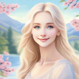 A beautiful blonde girl with flowing hair and sparkling brown eyes, standing in a serene and picturesque setting with a gentle smile on her face