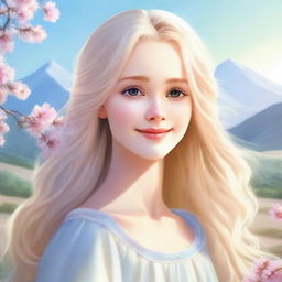 A beautiful blonde girl with flowing hair and sparkling brown eyes, standing in a serene and picturesque setting with a gentle smile on her face