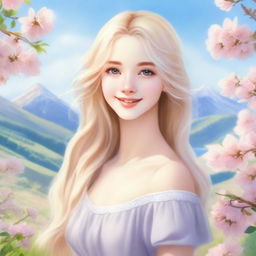 A beautiful blonde girl with flowing hair and sparkling brown eyes, standing in a serene and picturesque setting with a gentle smile on her face