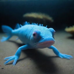 A blue axolotl at the bottom of the sea with ethereal underwater lighting.