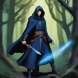 A male Kender warlock from the Dragonlance universe, wielding a magical rapier