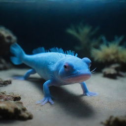 A blue axolotl at the bottom of the sea with ethereal underwater lighting.