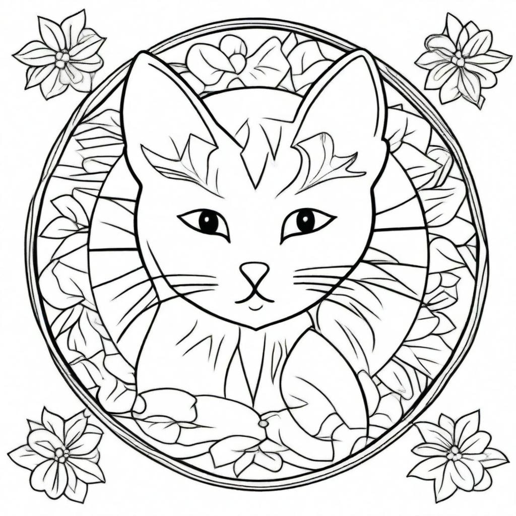 A simple mandala-style cat designed for coloring books