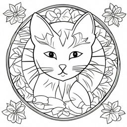 A simple mandala-style cat designed for coloring books