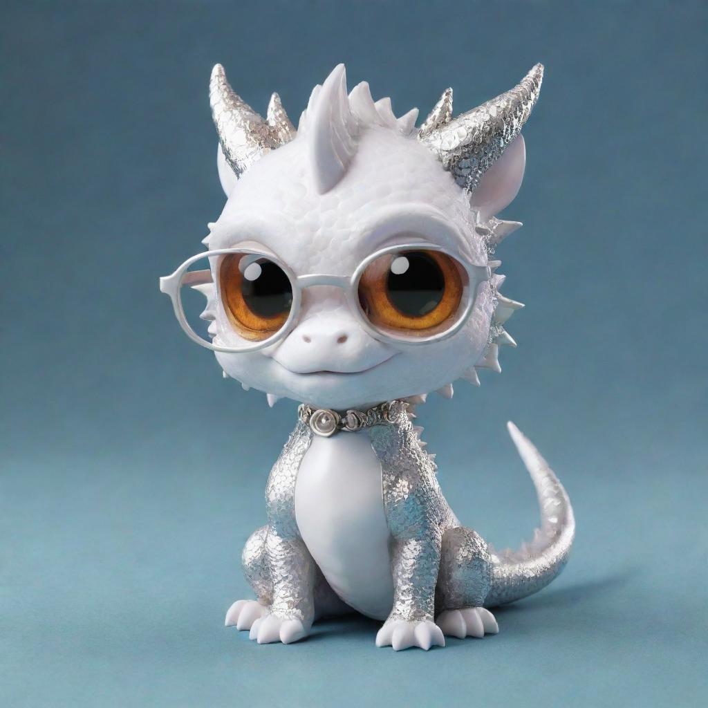 A chibi style cute dragon made of white gold wearing glasses