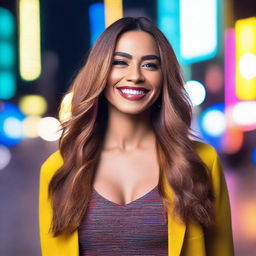 A beautiful transgender woman standing confidently with a radiant smile