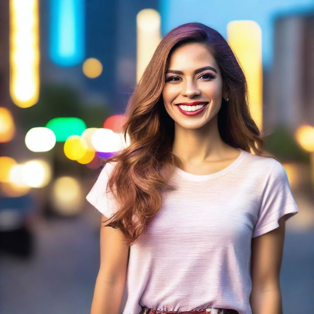 A beautiful transgender woman standing confidently with a radiant smile