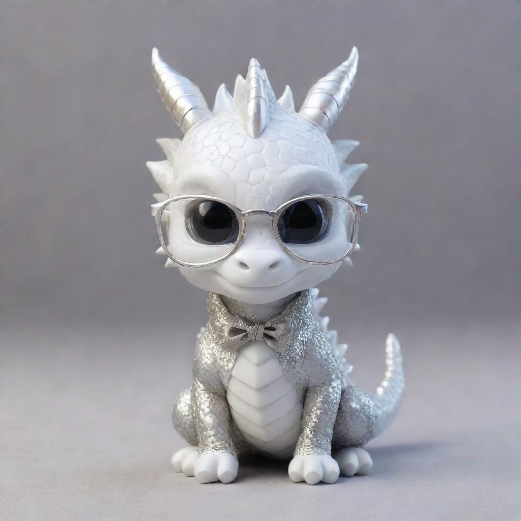 A chibi style cute dragon made of white gold wearing glasses