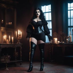 A thick gothic woman wearing thigh-high boots, with a dark and mysterious aura