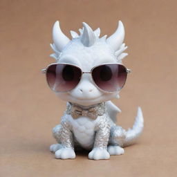 A chibi style cute dragon made of white gold wearing glasses