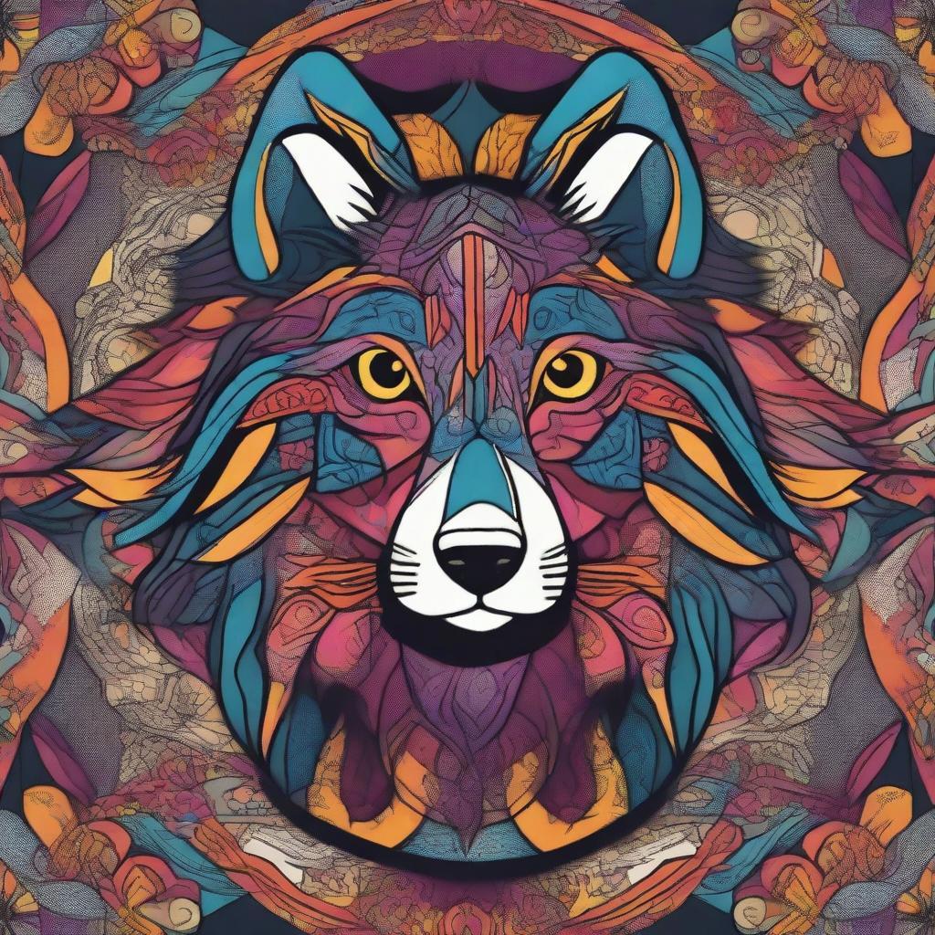 Create a comic-style wolf integrated into an intricate and colorful mandala design