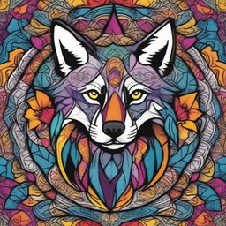 Create a comic-style wolf integrated into an intricate and colorful mandala design