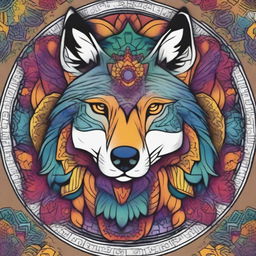 Create a comic-style wolf integrated into an intricate and colorful mandala design