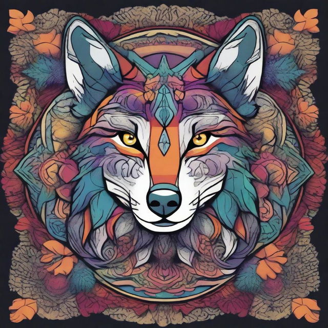 Create a comic-style wolf integrated into an intricate and colorful mandala design