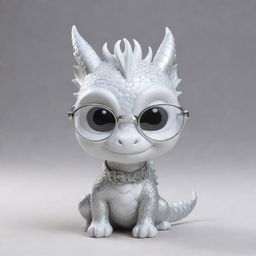 A chibi style cute dragon made of white gold wearing glasses