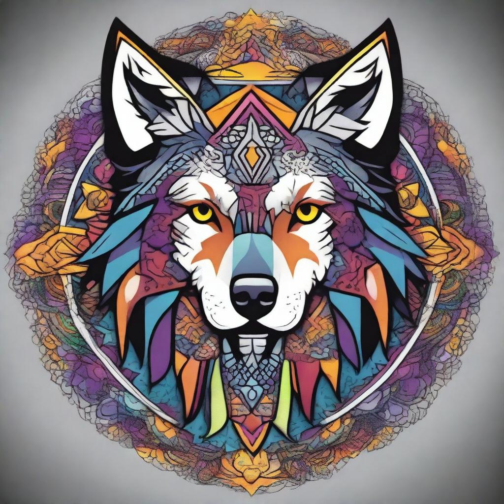 Create a comic-style wolf integrated into an intricate and colorful mandala design without any background