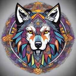 Create a comic-style wolf integrated into an intricate and colorful mandala design without any background