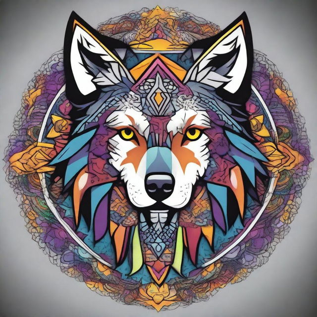 Create a comic-style wolf integrated into an intricate and colorful mandala design without any background