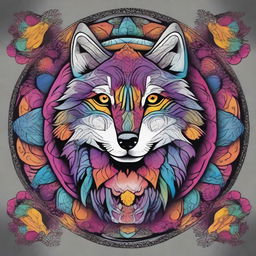 Create a comic-style wolf integrated into an intricate and colorful mandala design without any background