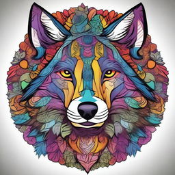 Create a comic-style wolf integrated into an intricate and colorful mandala design without any background