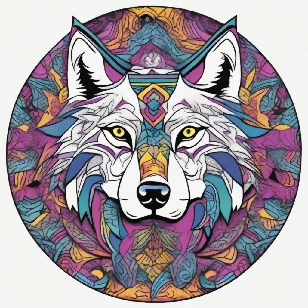 Create a comic-style wolf integrated into an intricate and colorful mandala design with a white background