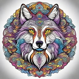 Create a comic-style wolf integrated into an intricate and colorful mandala design with a white background