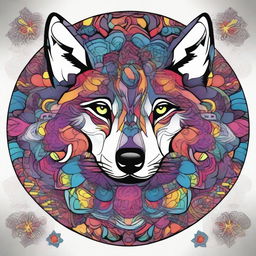 Create a comic-style wolf integrated into an intricate and colorful mandala design with a white background