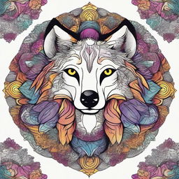 Create a comic-style wolf integrated into an intricate and colorful mandala design with a white background