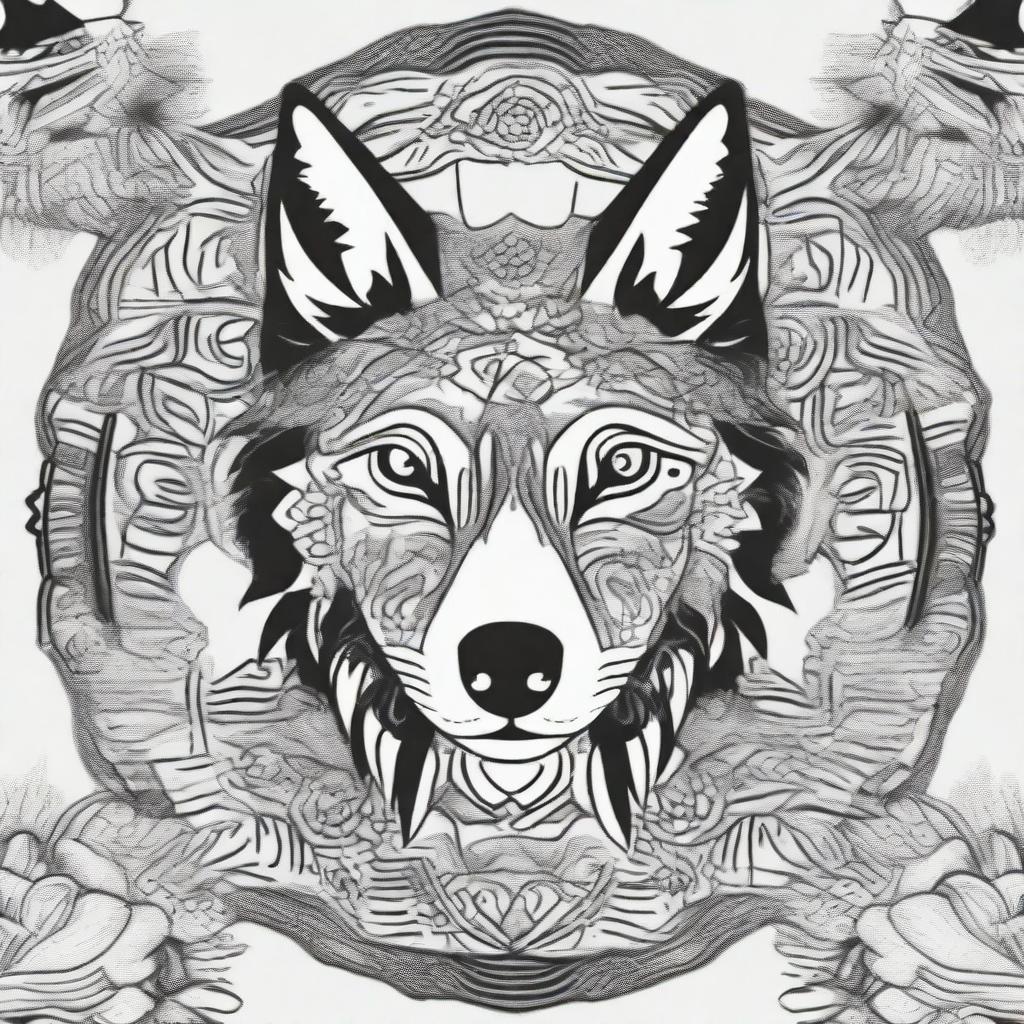 Create a comic-style wolf integrated into an intricate and detailed mandala design in black and white