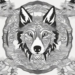 Create a comic-style wolf integrated into an intricate and detailed mandala design in black and white