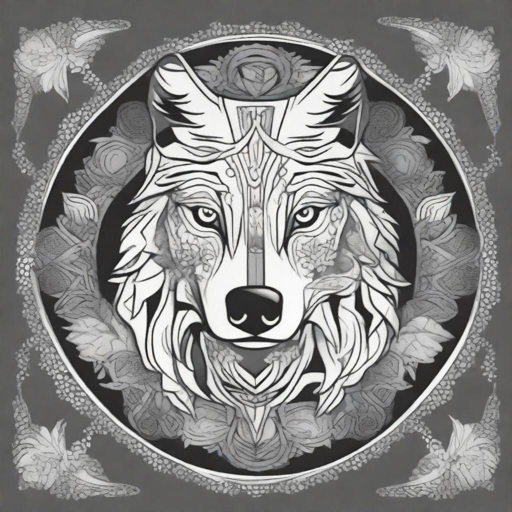 Create a comic-style wolf integrated into an intricate and detailed mandala design in black and white