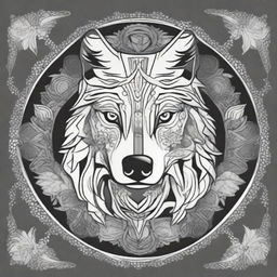 Create a comic-style wolf integrated into an intricate and detailed mandala design in black and white