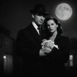 A noir styled detective standing alongside his wife, who is warmly cradling their baby in her arms, illuminated by a romantic moonlight.