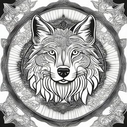 Create a comic-style wolf integrated into an intricate and detailed mandala design in black and white