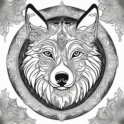 Create a comic-style wolf integrated into an intricate and detailed mandala design in black and white