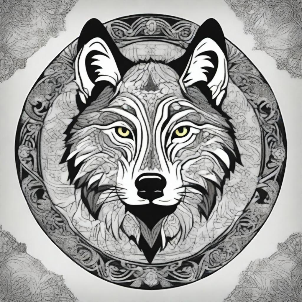 Create a comic-style wolf integrated into an intricate and detailed mandala design in black and white