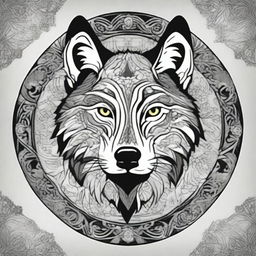 Create a comic-style wolf integrated into an intricate and detailed mandala design in black and white