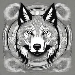 Create a comic-style wolf integrated into an intricate and detailed mandala design in black and white