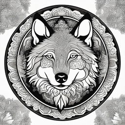 Create a comic-style wolf integrated into an intricate and detailed mandala design in black and white