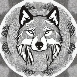 Create a comic-style wolf integrated into an intricate and detailed mandala design in black and white