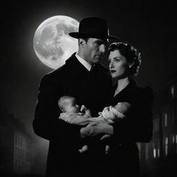 A noir styled detective standing alongside his wife, who is warmly cradling their baby in her arms, illuminated by a romantic moonlight.