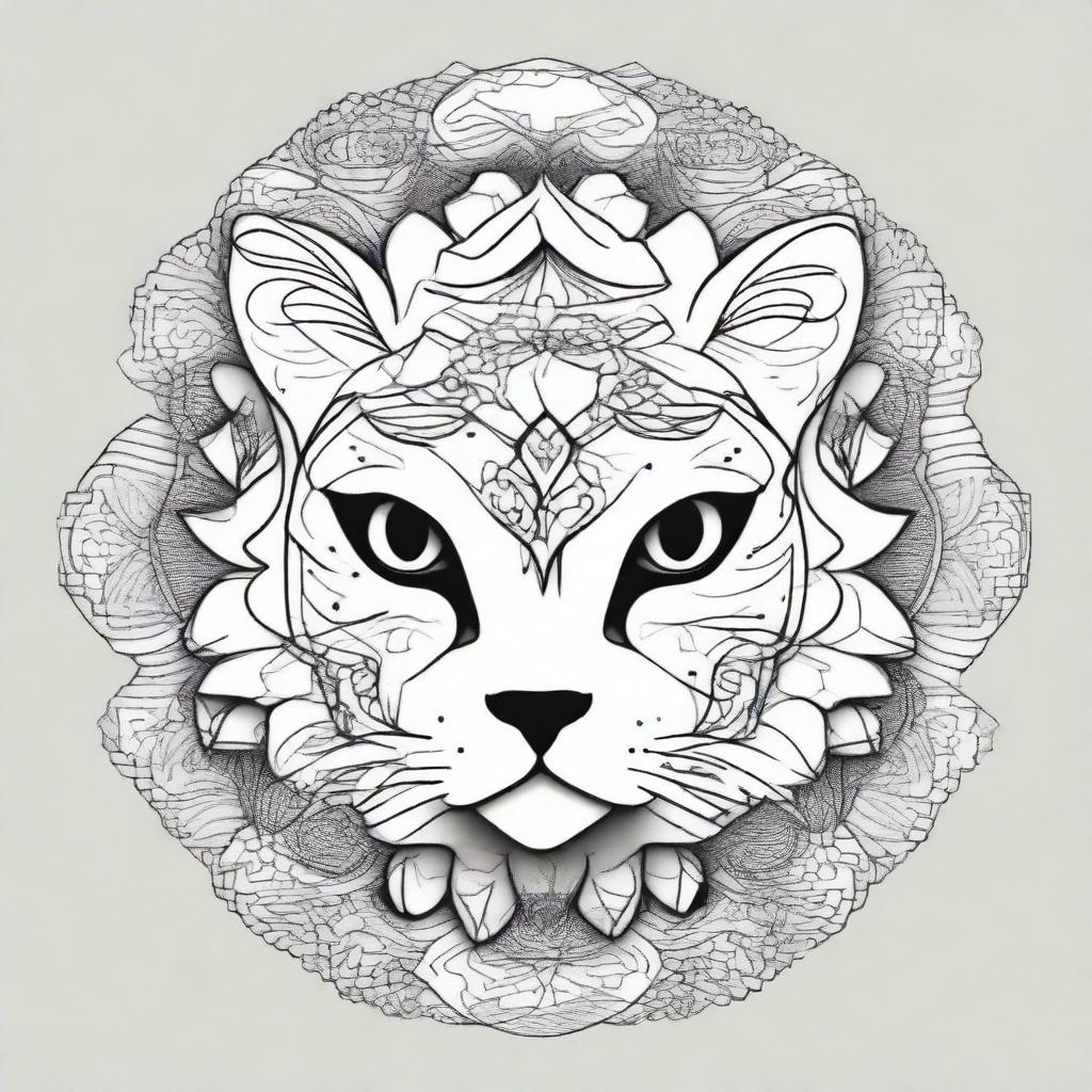 Create a simple cat illustration filled with an intricate mandala pattern