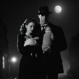 A noir styled detective standing alongside his wife, who is warmly cradling their baby in her arms, illuminated by a romantic moonlight.